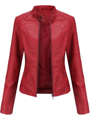 Elegant Faux Leather Jacket for Women with Stand Collar Long Sleeve Zip Front Fitted Moto Style