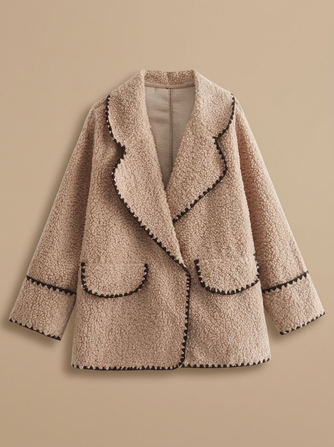 Camila | Women's Teddy Fleece Faux Fur Coat Black-Trim Notch-Collar Jacket, Camel