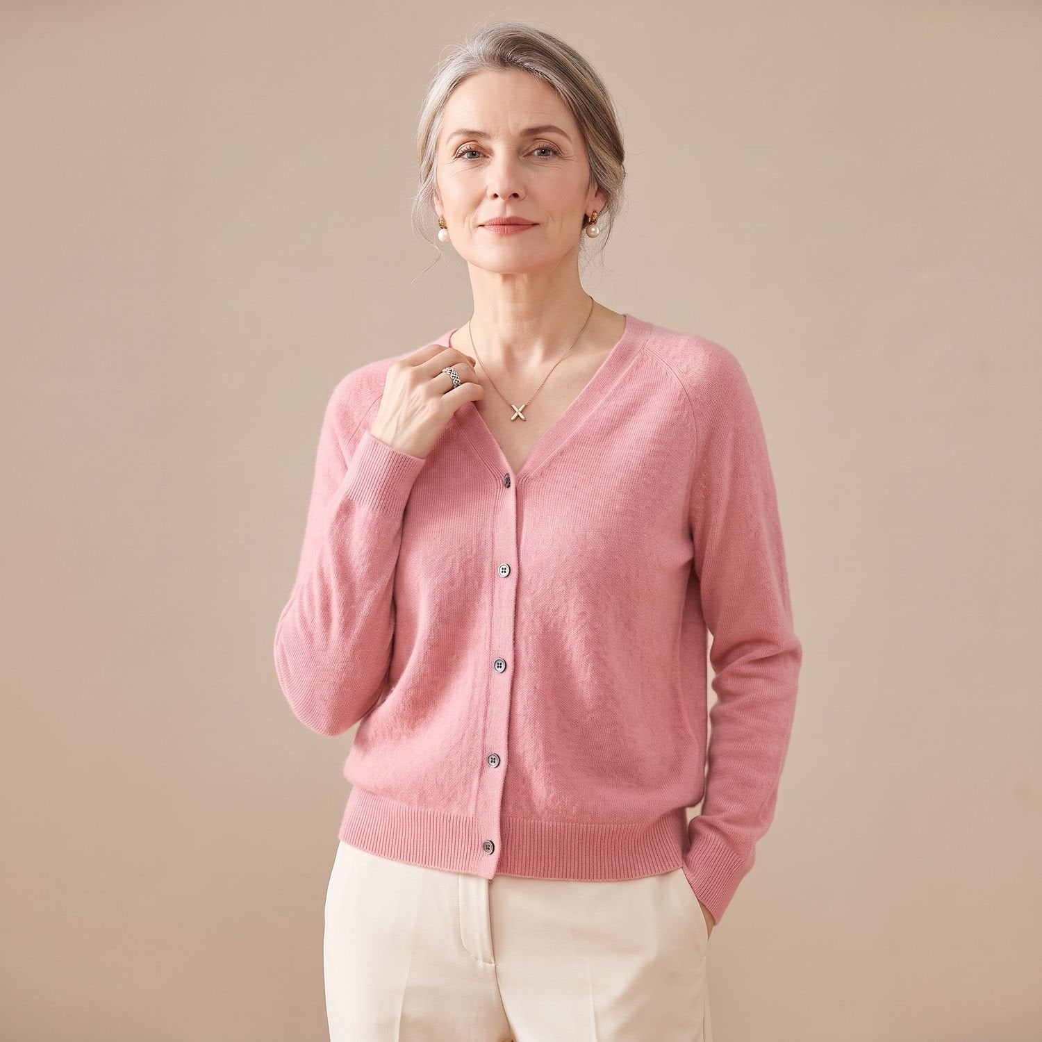 Cozy Pink Knit Cardigan Sweater for Women with V Neck Button Front Long Sleeve Relaxed Style