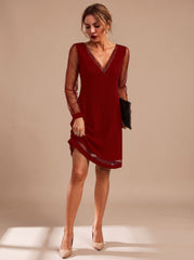 Elegant Cocktail Mini Dress for Women with V-Neck Glitter Mesh Long Sleeve Contrast Shift Holiday Party Style