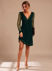 Elegant Cocktail Mini Dress for Women with V-Neck Glitter Mesh Long Sleeve Contrast Shift Holiday Party Style