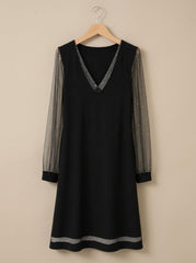 Elegant Cocktail Mini Dress for Women with V-Neck Glitter Mesh Long Sleeve Contrast Shift Holiday Party Style