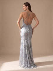 Elegant Sequin Wedding Guest Gown for Women with V-Neck Open-Back Floral Floor-Length Formal Style
