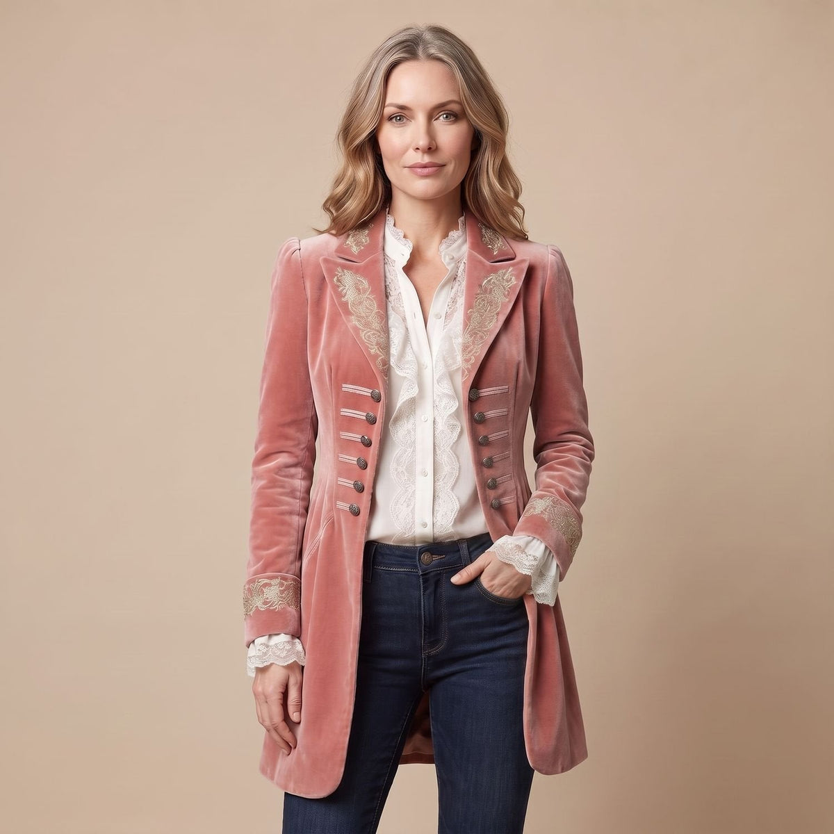 Elegant Pink Velvet Blazer Jacket for Women with Embroidered Notched Lapel Long Sleeve Vintage Style