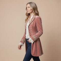 Elegant Pink Velvet Blazer Jacket for Women with Embroidered Notched Lapel Long Sleeve Vintage Style