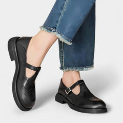 Chic Leather Brogue T-Strap Flats for Women with Buckle Wingtip Round Toe Mary Jane Style