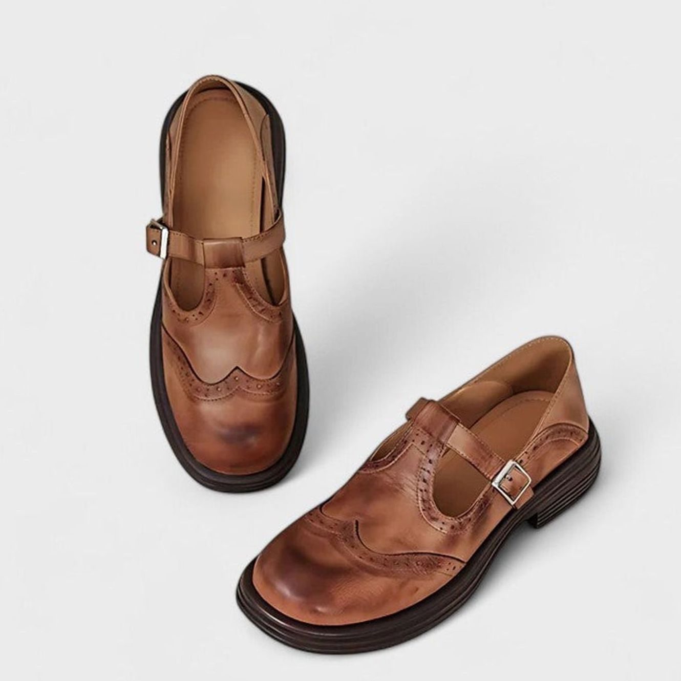 Chic Leather Brogue T-Strap Flats for Women with Buckle Wingtip Round Toe Mary Jane Style