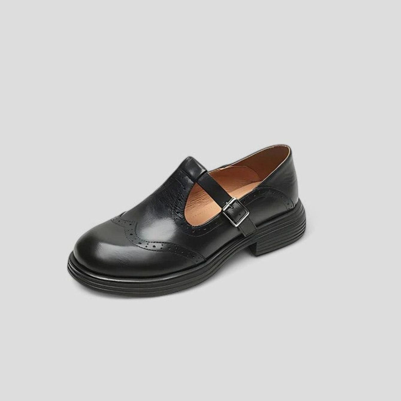 Chic Leather Brogue T-Strap Flats for Women with Buckle Wingtip Round Toe Mary Jane Style