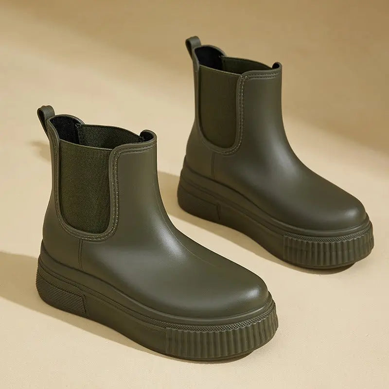 Stylish Rubber Platform Chelsea Boots for Women with Elastic Side Panel Pull Tab Ridged Sole Casual Style