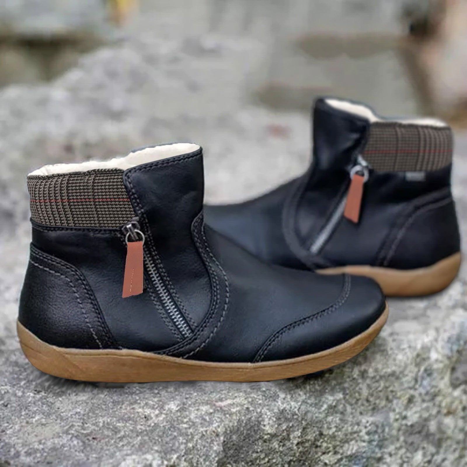 Comfortable Leather Waterproof Boots for Women with Side Zip Ankle Plaid Trim Casual Style