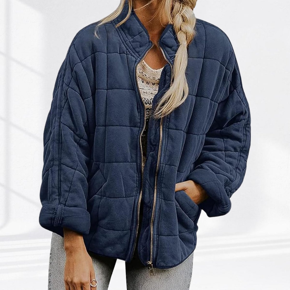 Cozy Quilted Puffer Coat for Women with Stand Collar Long Sleeve Zip Up Oversized Style