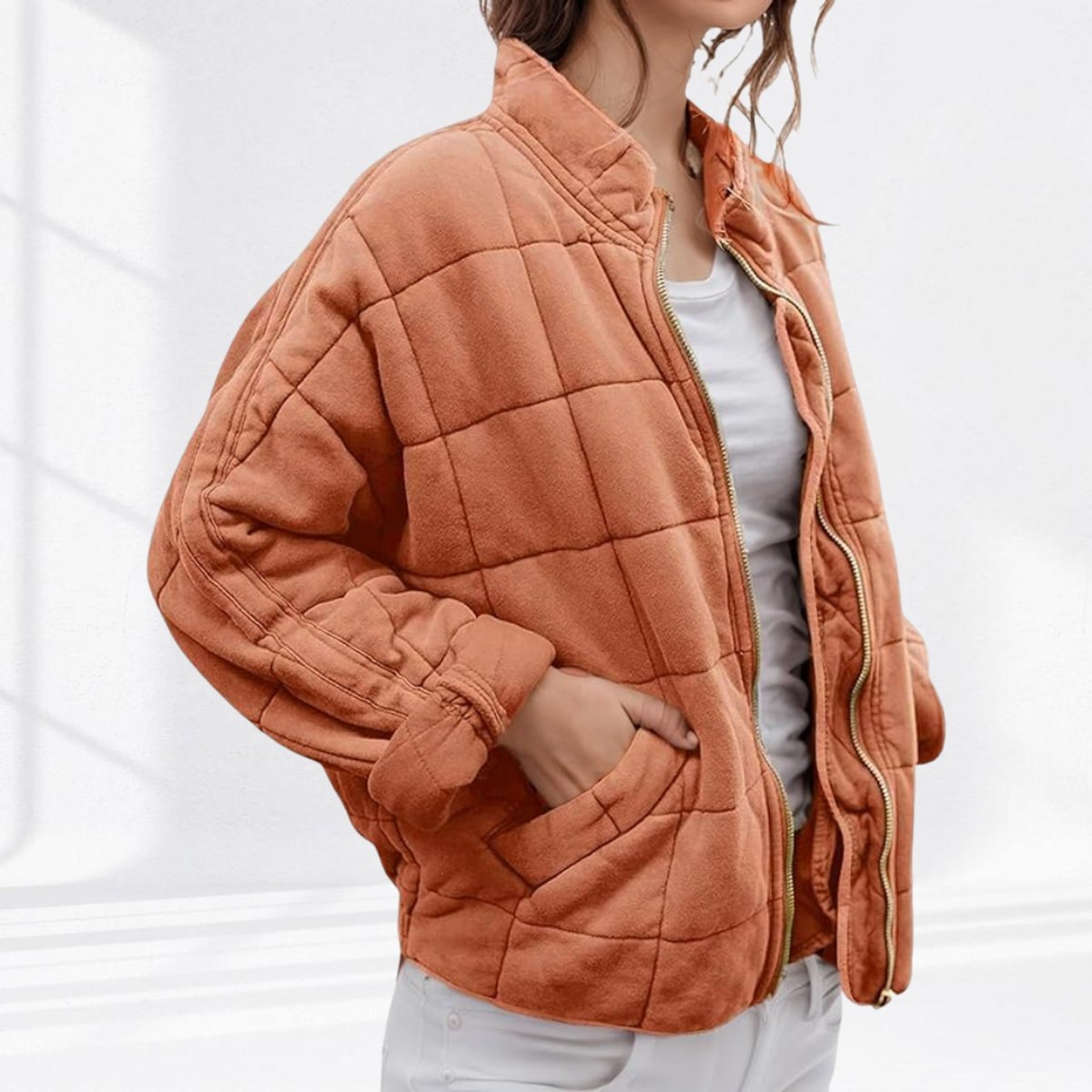 Cozy Quilted Puffer Coat for Women with Stand Collar Long Sleeve Zip Up Oversized Style