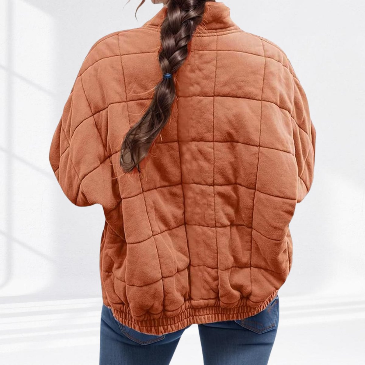 Cozy Quilted Puffer Coat for Women with Stand Collar Long Sleeve Zip Up Oversized Style