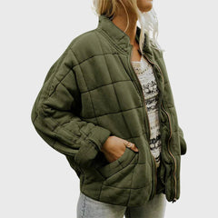 Cozy Quilted Puffer Coat for Women with Stand Collar Long Sleeve Zip Up Oversized Style