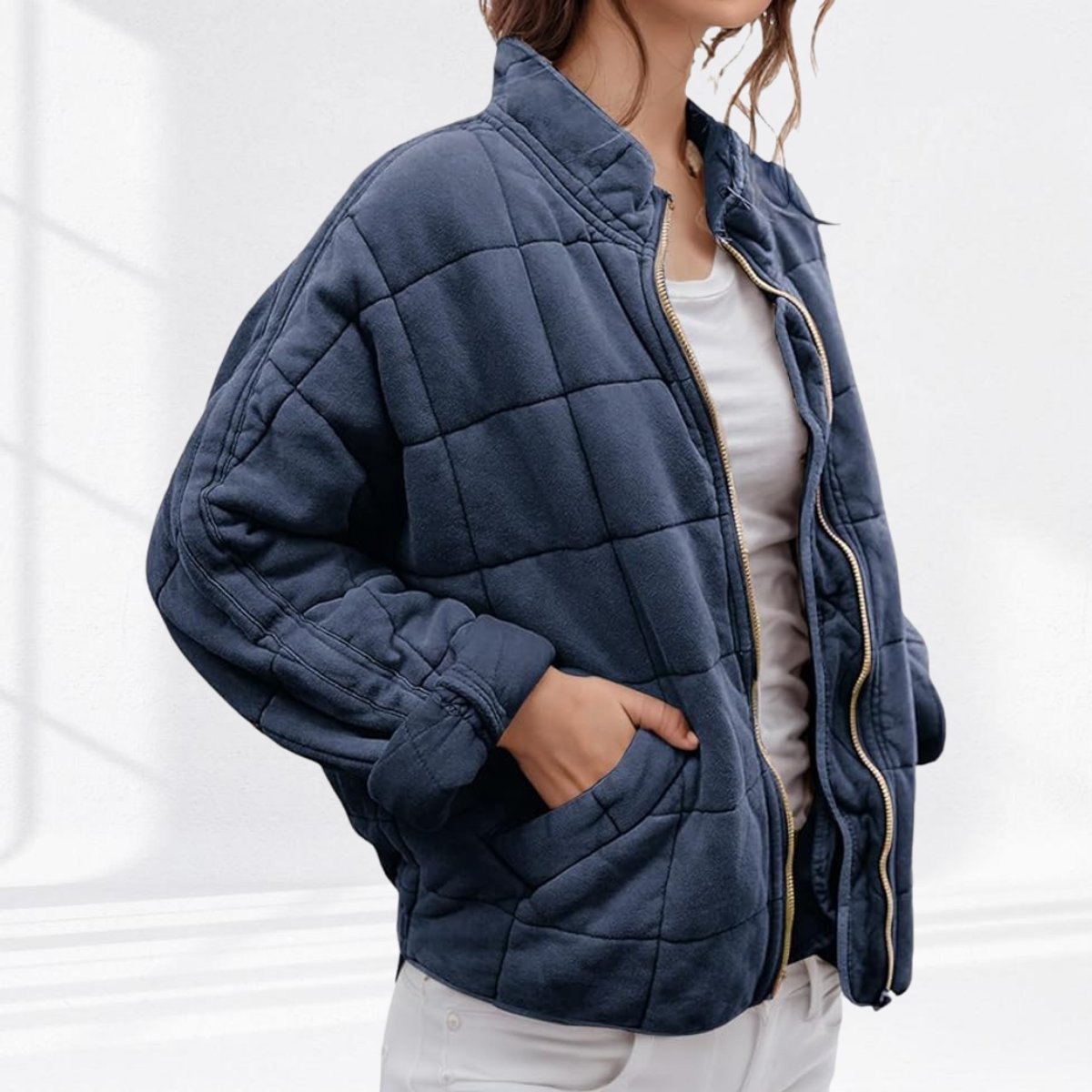 Cozy Quilted Puffer Coat for Women with Stand Collar Long Sleeve Zip Up Oversized Style