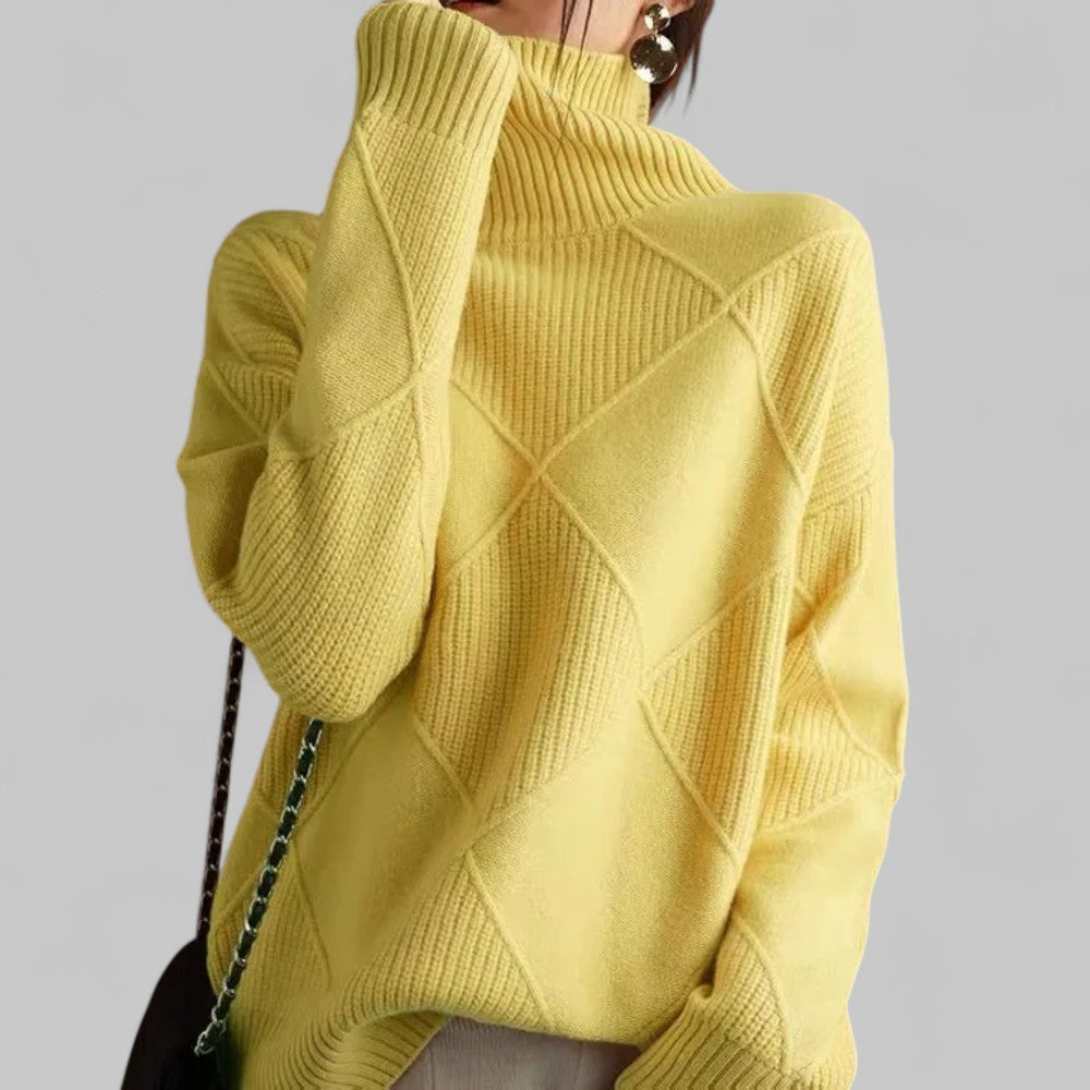 Cozy Black Oversized Sweater for Women with Turtleneck Long Sleeve Diamond Knit Relaxed Pullover Style