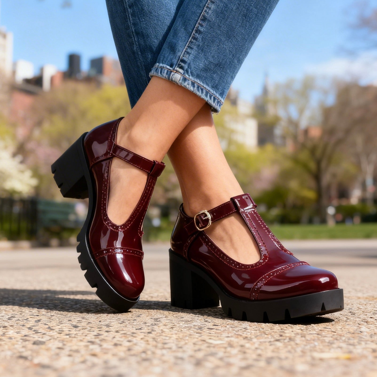 Chic Leather Mary Jane Shoes for Women with Round Toe T Strap Block Heel Brogue Platform Style