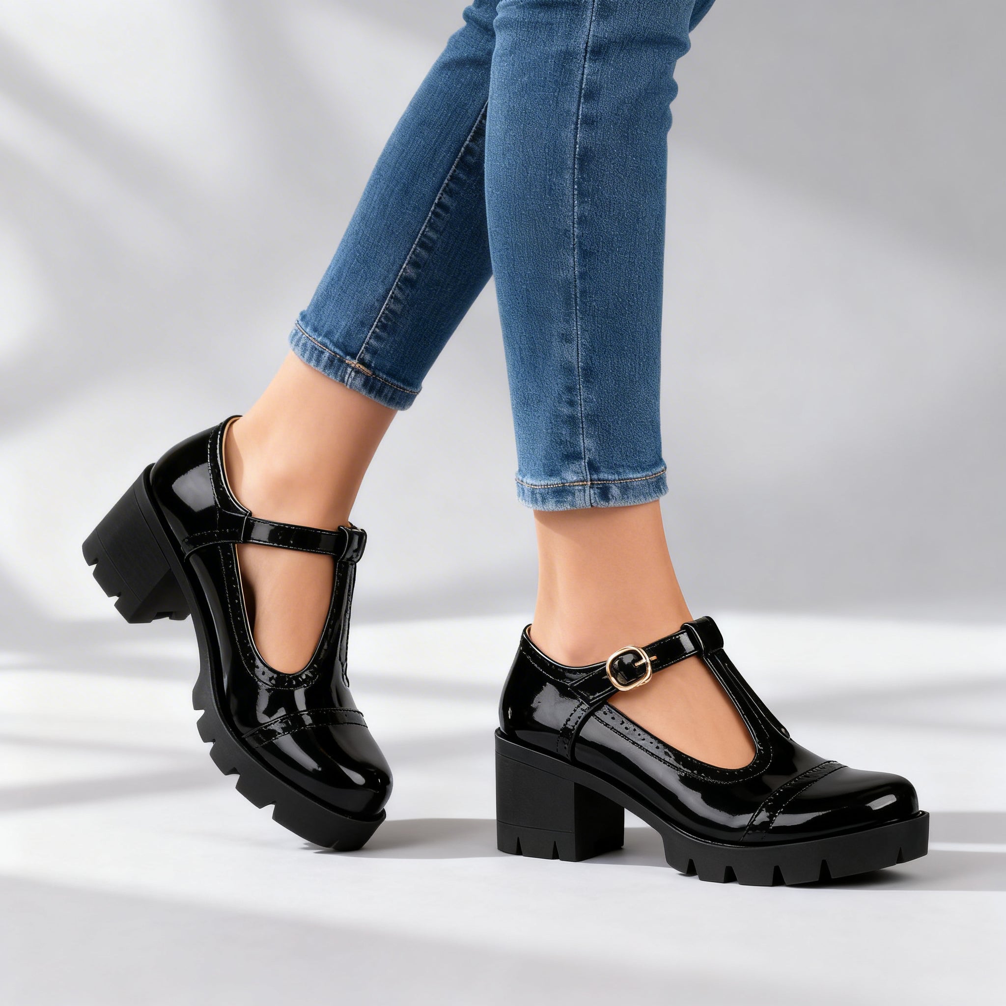 Chic Leather Mary Jane Shoes for Women with Round Toe T Strap Block Heel Brogue Platform Style