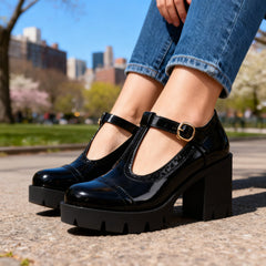 Chic Leather Mary Jane Shoes for Women with Round Toe T Strap Block Heel Brogue Platform Style